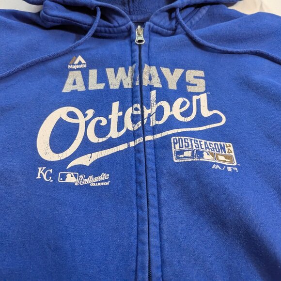 Majestic "Always October" Kansas City Royals Zippered Hoodie Size S Royal Blue - Picture 2 of 12